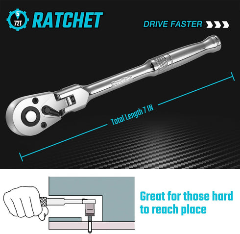 DURATECH 1/4" Drive Flex-Head Ratchet, 72-Tooth Ratchet Wrench with Quick-release and Reversible Switch