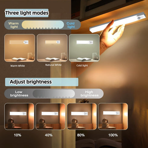 NBBUFF 3pcs Dimmable 3Color (3000K/4500K/6000K), 11.81" LED Motion Sensor Cabinet Lights, USB Rechargeable, Modes Night
