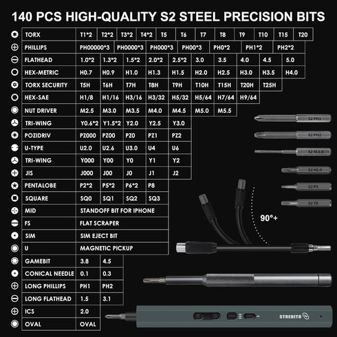 155 1 Set, 140 S2 STREBITO in Electric Screwdriver Small Electric Screwdriver Cordless with Magnetic Bits, Electronic