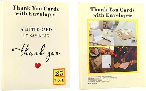 ZNYSMART Pack 25 350GSM Thank You Cards with Envelopes - Blank Thankyou Note with Stickers, Perfect Express Gratitude