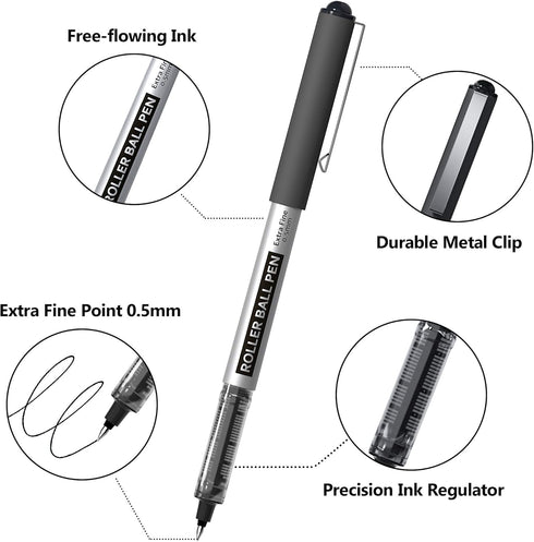 Shuttle Art RollerBall Pens, 25 Pack Black Fine Point Roller Ball Pens, 0.5mm Liquid Ink Pens for Writing Journaling Taking Notes School Office by Shuttle Art