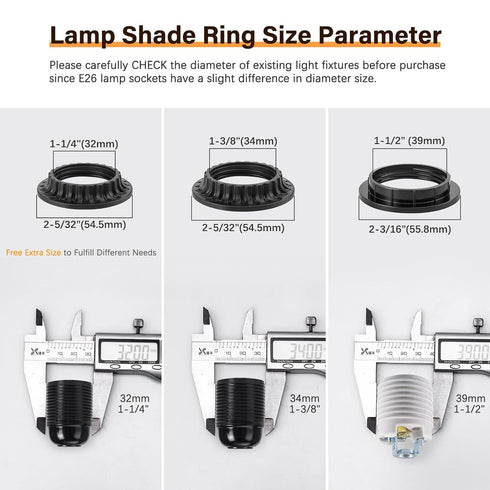 DiCUNO Lamp Shade Rings, E26 Light Socket Collar Ring, Black Threaded Reducer 1-3/8 Inches (34mm) and 1-1/2 Inch (39mm), Hanging Lamp Holder Parts, (34mm * 2pcs; 39mm * 2pcs)
