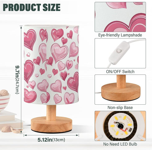 ALAZA Bedside Table Lamp for Bedroom Pink Love Hearts Nightstand LED Light Lamps with USB Port Linen Fabric Shade Table