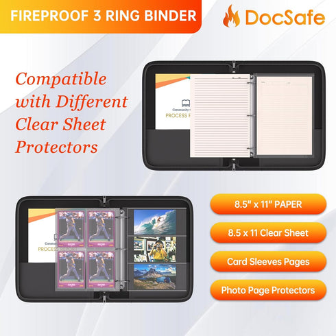 DocSafe 3 Ring Binder, Fireproof 2 Inch Round Ring with Zipper, Dust-Proof PVC-Free Binder for Important Paper Supplies