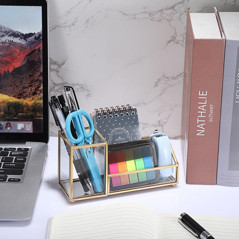 Hipiwe Glass Business Card Holder with Pen Pencil Cup, Gold Metal Name Card Display Organizer for Office Desk