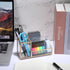 Hipiwe Glass Business Card Holder with Pen Pencil Cup, Gold Metal Name Card Display Organizer for Office Desk