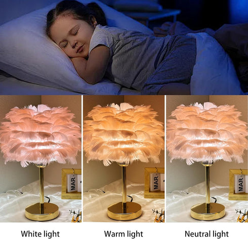 3 Pink Feather Table Lamp with Gold Finish - Color Changing LED Bedside Desk Lamp, Modern Romantic Night Light