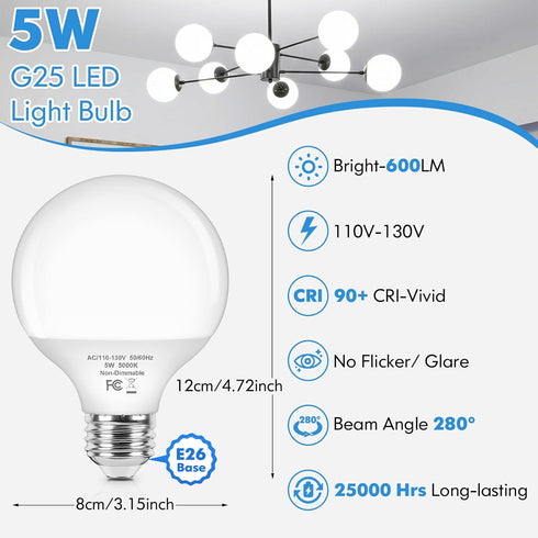 G25 Bulbs 60 5W 5000K Bulbs, E26 Bulbs Non-Dimmable Bulb, 600LM, 8-Pack Brightever Globe Light Watt, Daylight White LED
