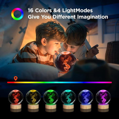 Vuebkkry 3D 16 3.15in Dragon Crystal Ball Night Light with Colors, Larger Dragon Statue Figurines Glass Decor Lamp