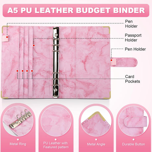 Toplive A5 Notebook Binder, 6 Ring Refillable Binder, PU Leather Planner Binder Personal Budget Binder Organizer Cover