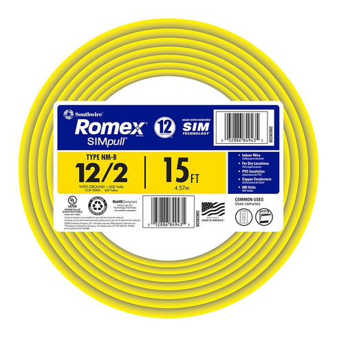 12/2 15ft 28828226 Southwire Romex Brand Simpull Solid Indoor W/G NMB Cable coil - SW#