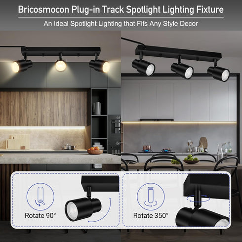 14.8ft 3 Hallway(GU10 Bulb) Plug-in Track Lighting LED, Track Light Fixtures Ceiling, Black Plug in Wall Lights