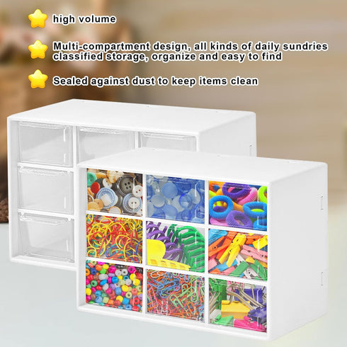 Qivine 2Pcs Small Drawer Organizers, Acrylic Desktop Organizer with 9 Clear Drawers for Office Supply Storage, White