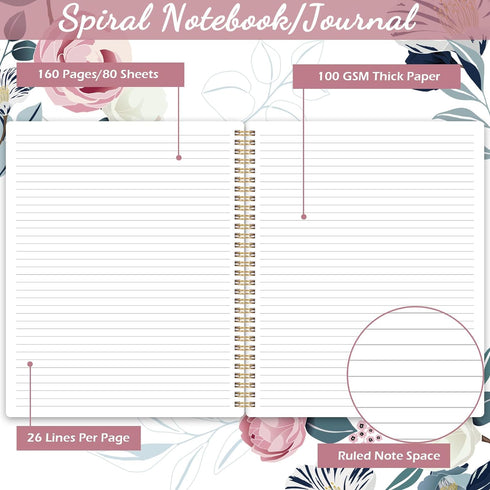 Spiral Notebook, 8.5" x 11", Journal with Thick Paper & Back Pocket, 144 Pages, Twin-Wire Binding, Floral