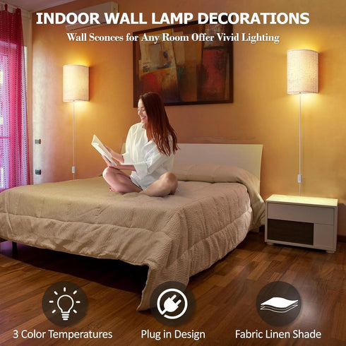 Set 3000K 4500K 6000K OCATO Plug in Wall Sconces of Two: Wall Light Wall Lamp with On/Off Switch Selectable Fixtures