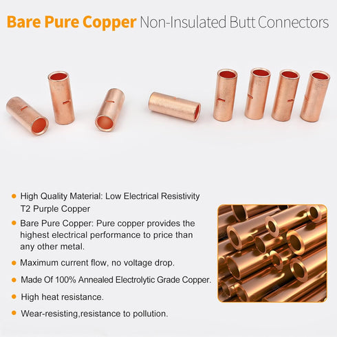 380PCS Non Insulated Butt Connectors Kits, Pure Copper Butt Splice Connectors for 26-6 Gauge Wire Electrical Crimp