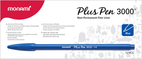 MONAMI Plus 3000 Felt Tip Pens, Fine Point (0.4mm), Blue, 12-Count for Writing/Journaling/Note Taking