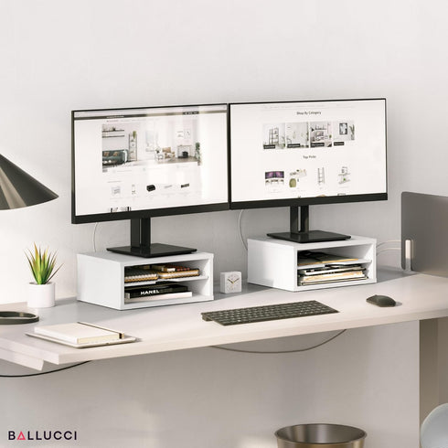 Ballucci File Organizer, 2-Tier Document Paper Sorter, Stackable Wood Desk Organizer with Storage Shelves