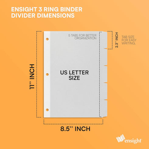Ensight 3 Ring Page Dividers, Bulk 1/5 Cut Tab Dividers, 100 Per Box, Decorative Printable Rewritable Tabs