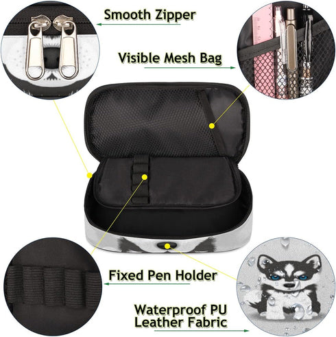 Husky Dog Big Capacity Pencil Pen Case, Cute Large Pencil Pouch with Zipper Compartments for School Supplies