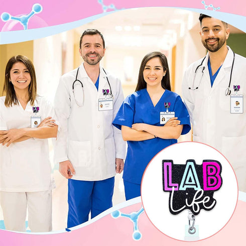 Lab Life Funny Badge Reels Retractable for Nurses, Cute Glitter Teacher Nursing Badge Clip, RN, CNA, LPN, Medical