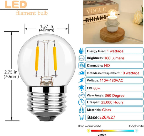 G40 E26 1W Low Wattage LED Vintage Bulbs Small Globe Nightlight 10 Watt Edison Style Bulb, 2700K Warm White Non Dimmable 6Pack by Dimmwat