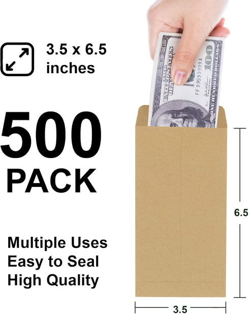 Money Envelopes, 500 Pack Kraft Cash Envelopes, Small Parts Envelopes with Gummed Seal, 3.5 x 6.5 Inches