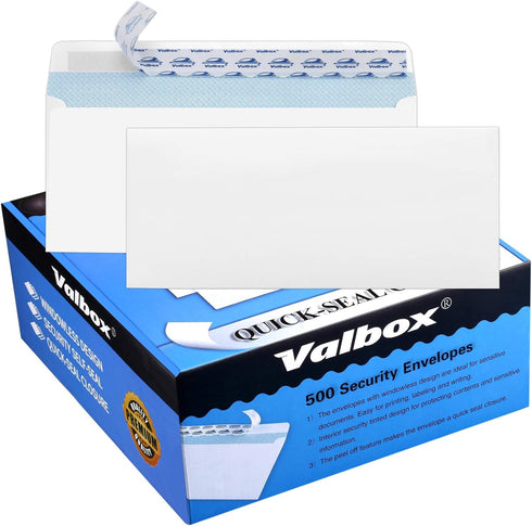 ValBox 500 Count #10 White Business Envelopes, Windowless Design with Security Tint Pattern for Secure Mailing