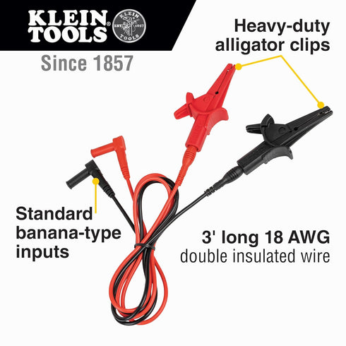 Klein Tools 69381 Alligator Clip Test Leads, Heavy-Duty Replacement Meter Leads, 3-Foot