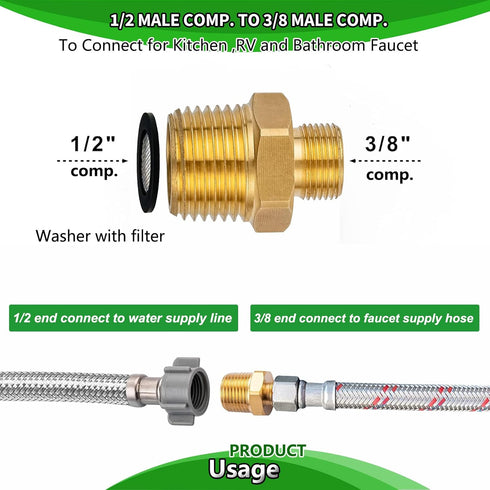 RV Faucet Adapter 1/2" to 3/8" Reducer, Brass Kitchen Faucet Supply Line Adapter, 3/8" Compression Fitting, 2 Pieces