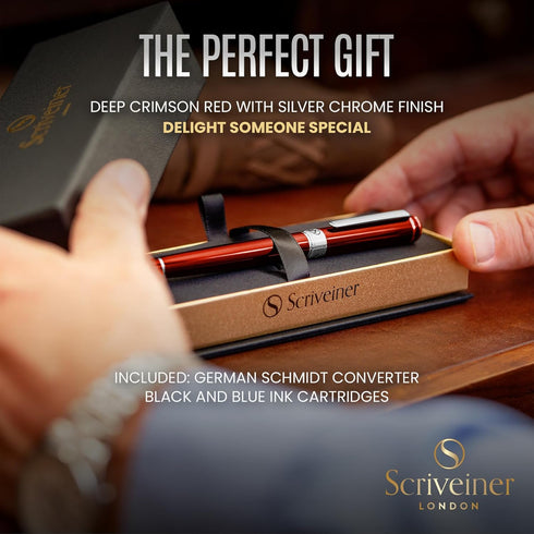 Scriveiner Deep Crimson Red Fountain Pen, Luxury Pen with Chrome Finish, Schmidt Nib (Medium), Best Gift Set for Men &