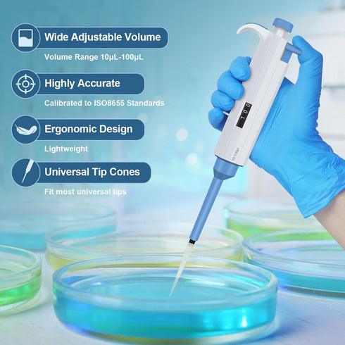 Adjustable Variable Volume Micropipette, 10-100µL Single Channel Pipette, High Precision Lab Micro Pipettes