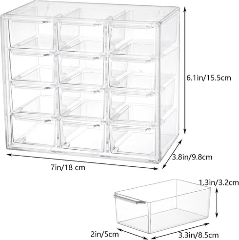 YOUEON 2 Pack Mini Desk Organizer, Clear Plastic Drawer Storage Box with 12 Removable Drawers for Crafts