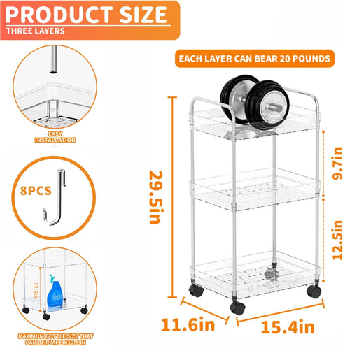 Yieach 3 Tiered Clear Rolling Cart with Wheels,Acrylic Storage Cart on Wheels for Bedside,College Dorm Room,Bathroom