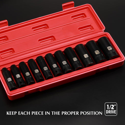 11PCS 1/2" Set, 6-Point, 11 1/2-Inch 3/8 Inch 1 Inch EMENTOL Drive Deep Impact Socket CR-V, Pieces SAE Sockets