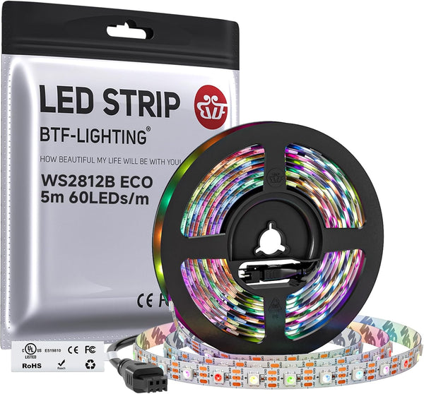 BTF-LIGHTING WS2812B ECO RGB LED Strip,UL Listed,Individually Addressable,16.4FT 60LED/m 300Pixel DC5V 5050SMD,Alloy