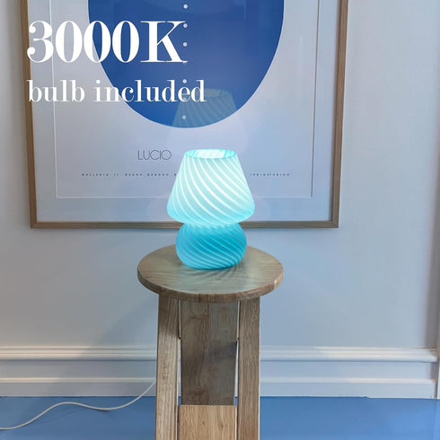 Bulb ONEWISH Mushroom Lamp, Small Table Lamp with Sea Blue Striped Glass, Nightstand Lamp Included
