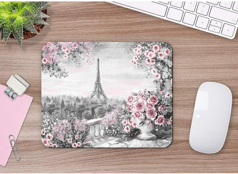 oFloral Eiffel Tower Gaming Mouse Pad, Paris Gentle City Gray Oil Paint with Pink Rose Flowers, 7.9X9.5 Inch