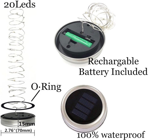 Solar Mason Jar Lid String Lights, 8 Pack 20 LED Fairy Firefly Lights with Hangers for Patio Garden Wedding Decor