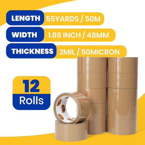 Brown Packing Tape 12Rolls, Heavy Duty Packaging Tape Refills 1.88 Inch x 55 Yard Moving Tape for Boxes, Secure Sticky Seal Brown Tape for Shipping, Mailing & Storage, Total 660Yards