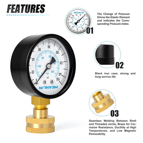 MEANLIN MEASURE 0-150psi Water Pressure Gauge, 3/4" Female 2.5" Face Dial with Sealing Ring