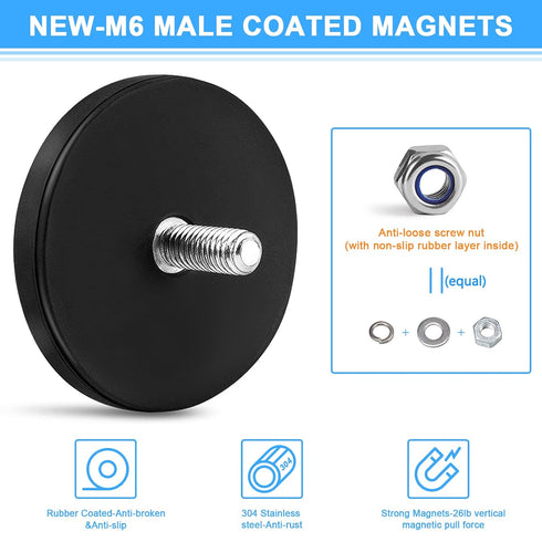 Learay 6 Pack 31 LBS M6 Rubber Coated Magnets, Neodymium Magnet Base with Threaded Studs, Strong Mounting Stud Magnet