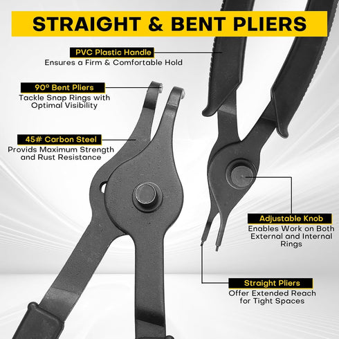 11PCS Set Snap Ring Plier | Internal & External Circlip Removal Tools with Bent & Straight Pliers Hook Pick