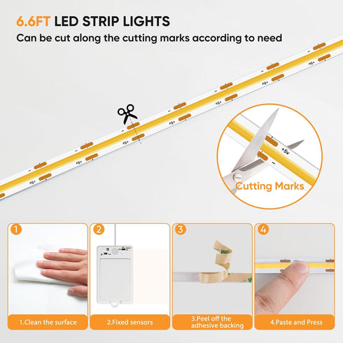 6.56ft 640LEDs 4000K 2 Pack OMIKA COB Motion Activated LED Strip Light, Natural White Rechargeable Night Light, Safe