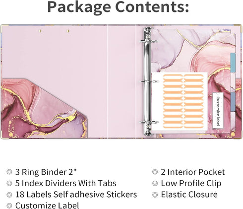 Ospelelf 3 Ring Binder 2 Inch, Cute Pink Marble Binder for Letter Size (11" x 8.5") with 5 Tab Dividers and Labels