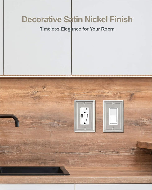 2-Pack Decorator Wall Plate, Satin Nickel Electrical Outlet Cover Plate for Receptacle and Dimmer Switch