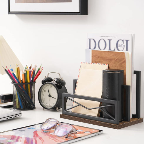 Snughome Desktop Mail Organizer, 2-Slot Matte Black Metal Sorter, File Holder for Home or Office Desktop