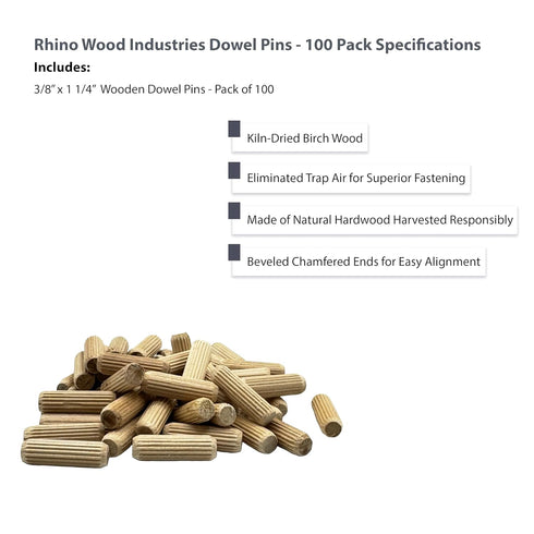 3/8" x 1 1/4" Wooden Dowel Pins, 100 Pack - Kiln Dried, Fluted, and Beveled