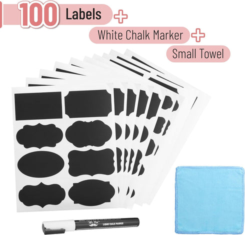 Mr. Pen Chalkboard Labels - 100pc Assorted Shapes with 1 White Chalk Marker and Small Towel for Storage Bins