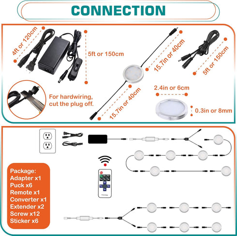 110V Dimmable, 2700K,6 Kitchen Cabinet Undereath Light Kit, Backsplash Back Lighting, Plugged in & Hardwired, RF Remote